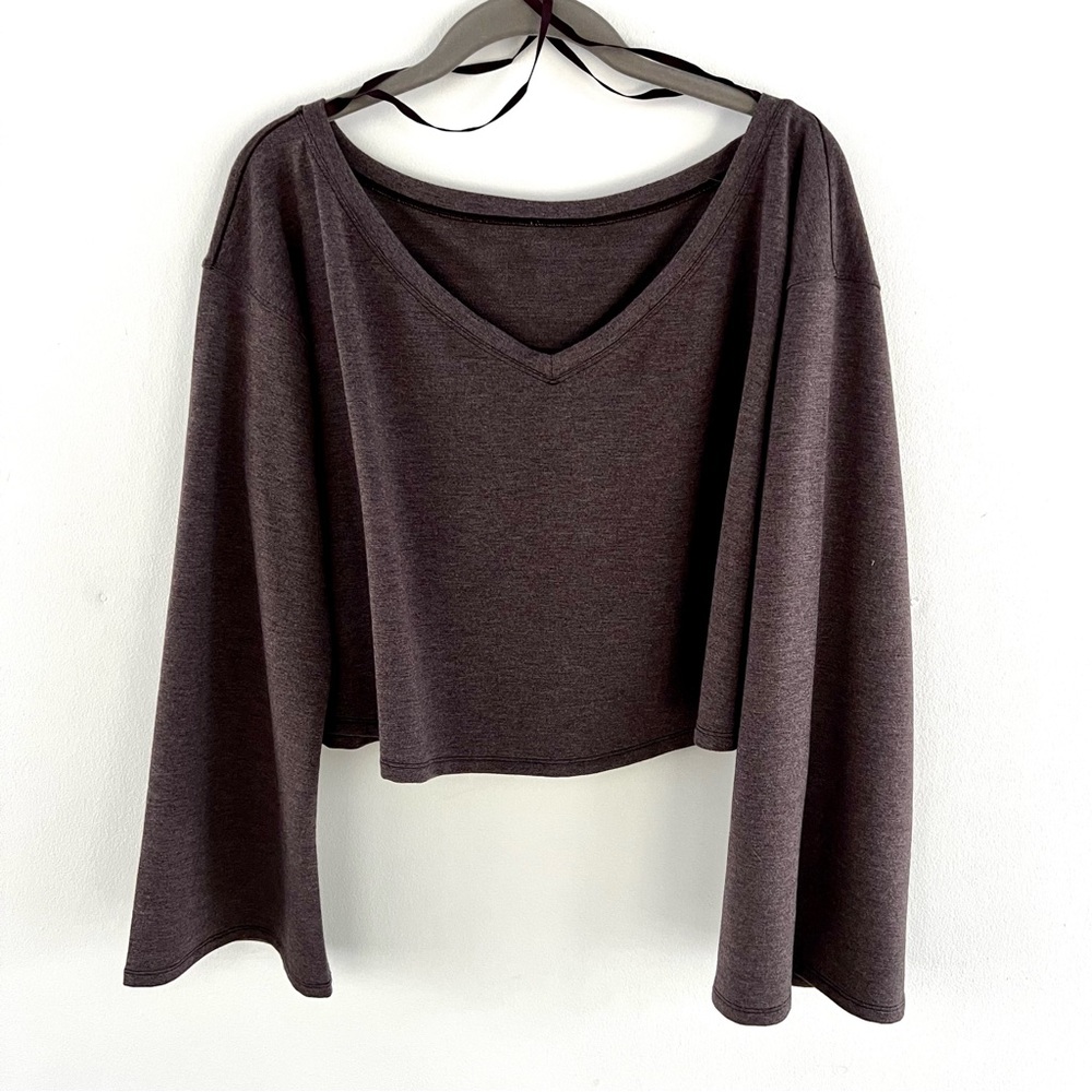 Cropped bell sleeve heathered purple off the shoulder top